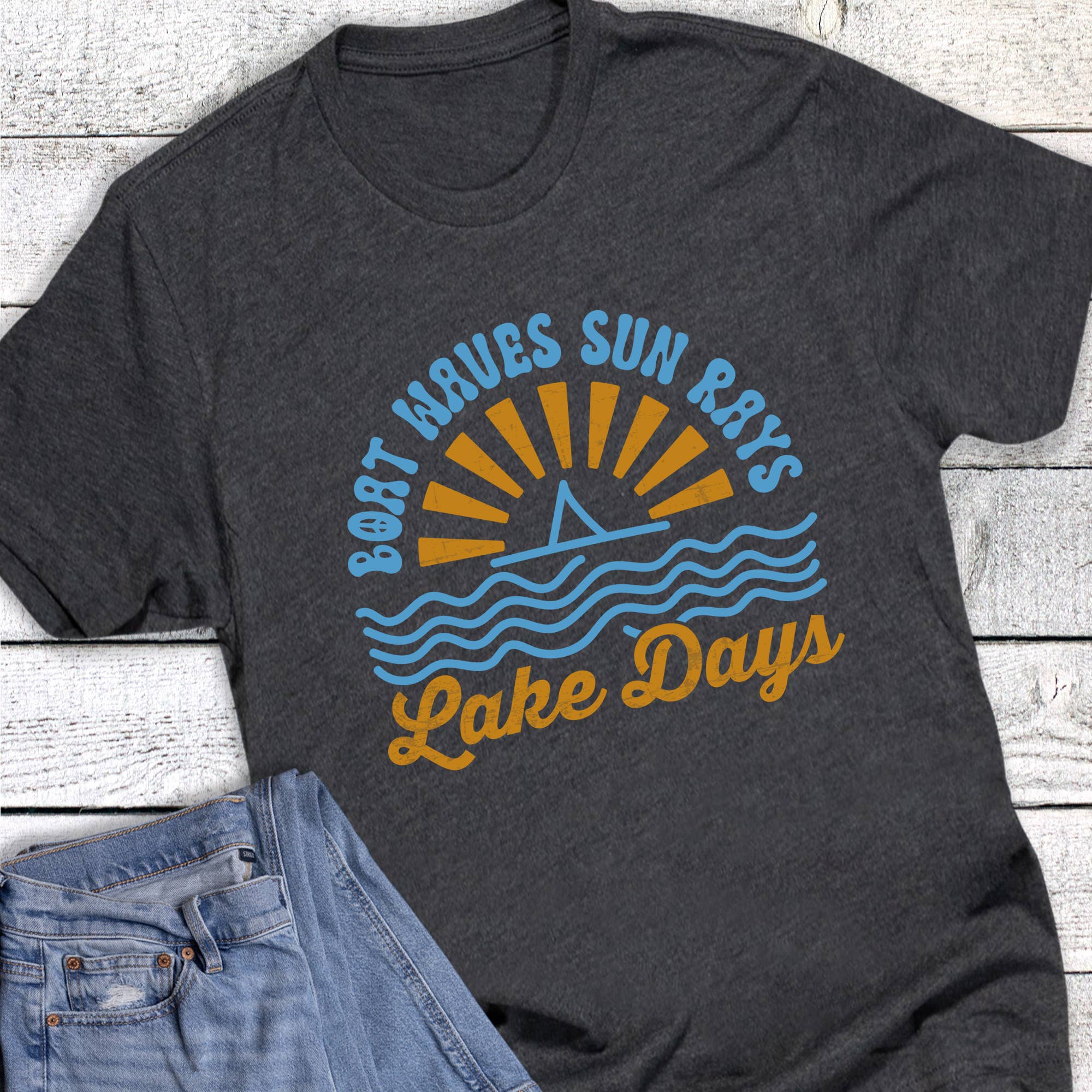 Summer Boat Waves Sun Rays Lake Days Graphic - Adult & Kids T-Shirts, Sweatshirts & Hoodies apparel design preview 1