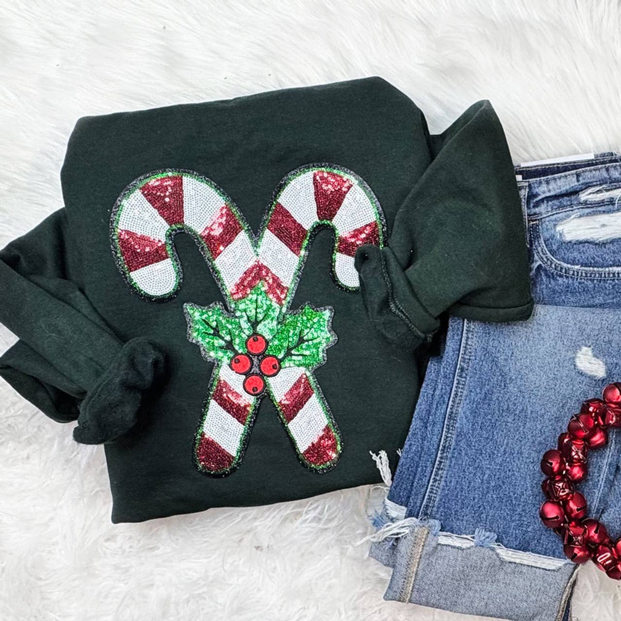 Red White Candy Cane with Holly Sequin - Adult & Kids T-Shirts, Sweatshirts & Hoodies apparel design preview 1