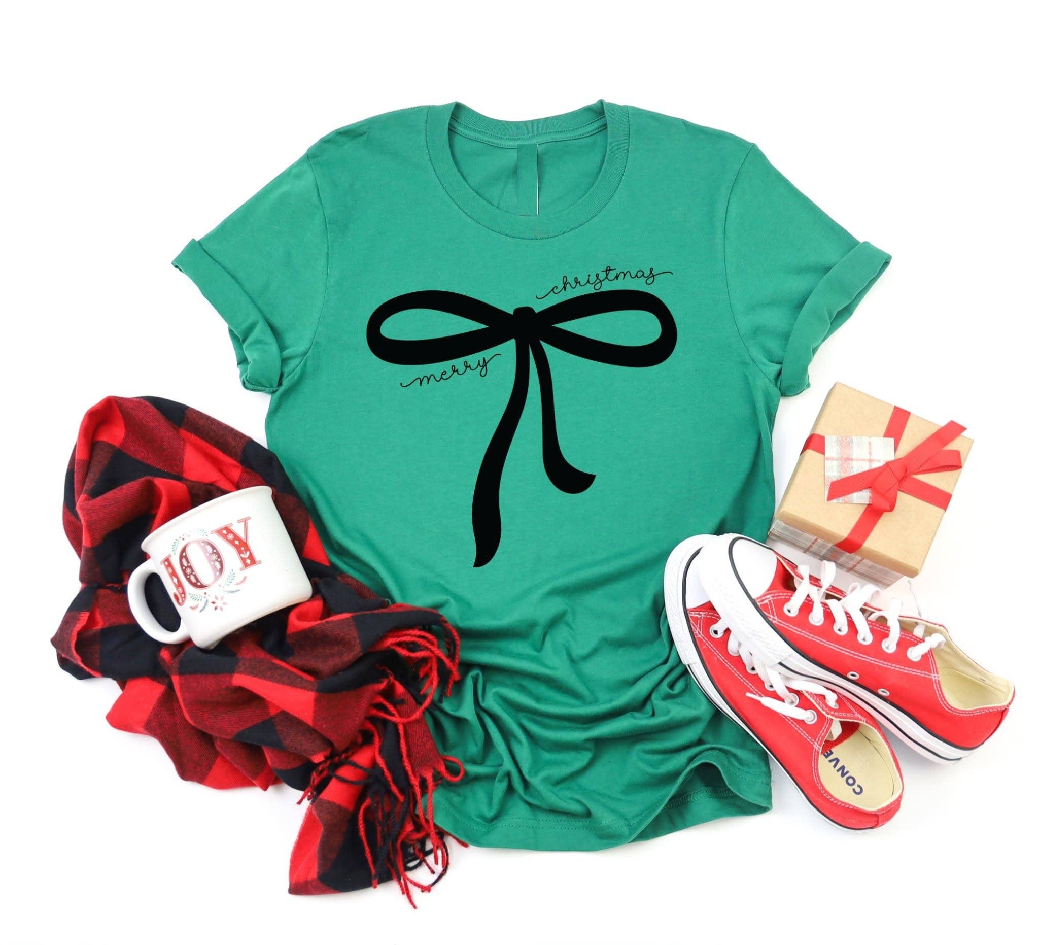 Merry Christmas Black Bow Green Holiday Graphic - Adult & Kids T-Shirts, Sweatshirts & Hoodies apparel design preview 1