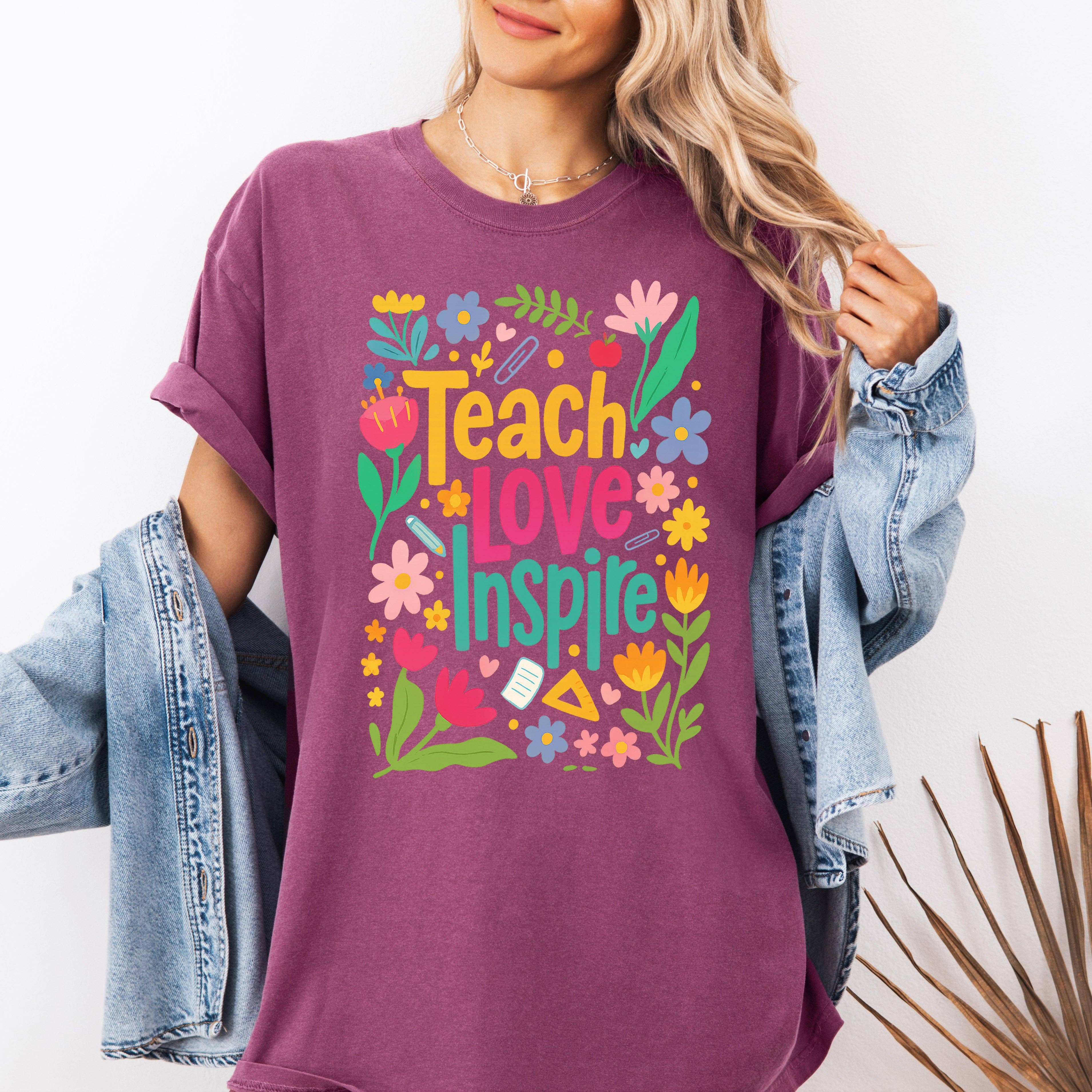 Teach Love Inspire, Floral Boho, First Day of School - Adult & Kids T-Shirts, Sweatshirts & Hoodies apparel design preview 1
