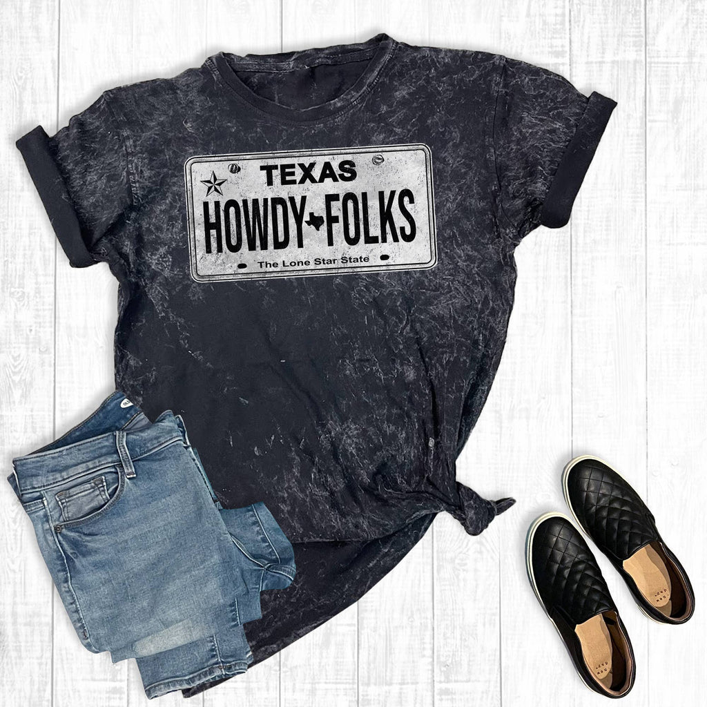 Howdy Folks Texas License Plate Mineral Wash Graphic - Adult & Kids T-Shirts, Sweatshirts & Hoodies apparel design preview 1