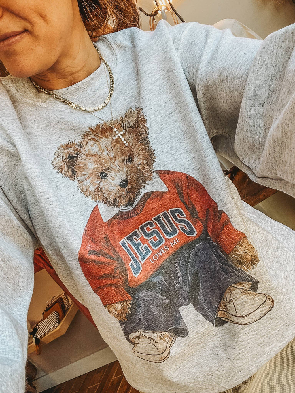 Jesus Loves Me Teddy Bear Religious Crew Neck - Adult & Kids T-Shirts, Sweatshirts & Hoodies apparel design preview 1