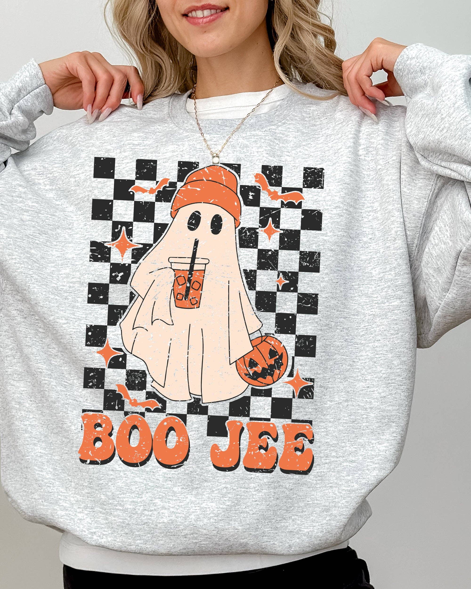 Boo-Jee Ghost, Checkered Halloween Coffee Drink - Adult & Kids T-Shirts, Sweatshirts & Hoodies apparel design preview 1
