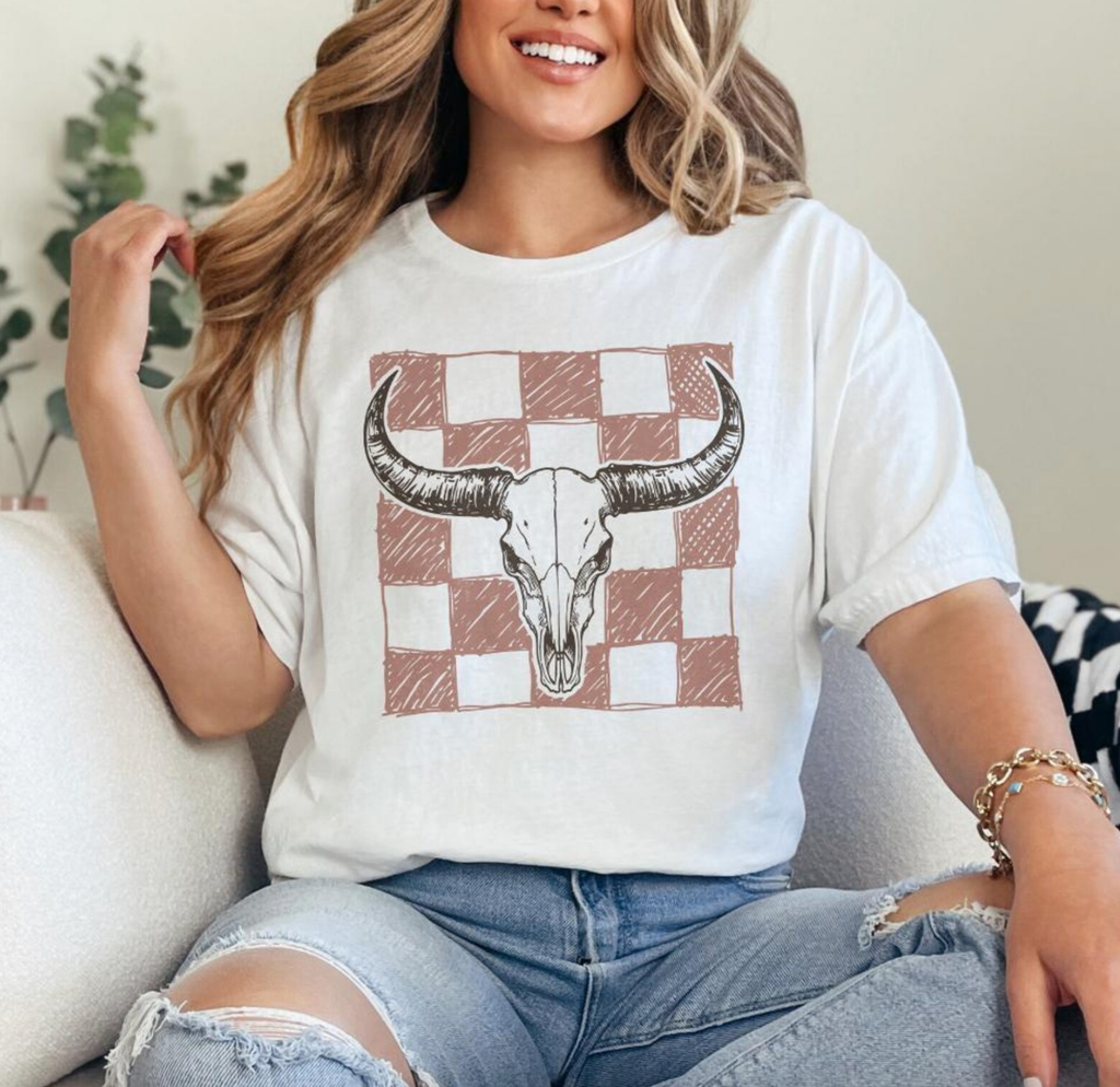 Checkered Longhorn Skull Comfort Color - Adult & Kids T-Shirts, Sweatshirts & Hoodies apparel design preview 1