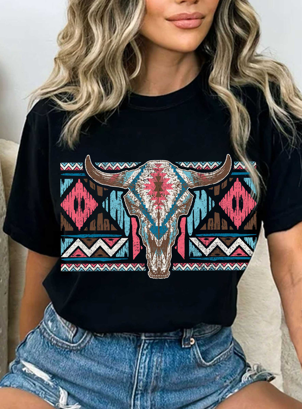 Aztec Pattern Western Cow Skull Graphic - Adult & Kids T-Shirts, Sweatshirts & Hoodies apparel design preview 1