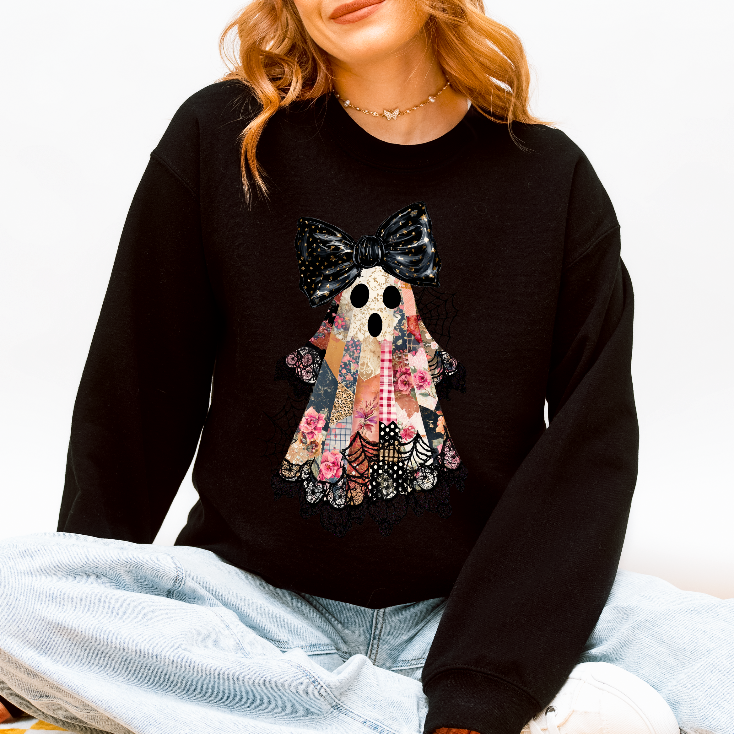 Faux Patchwork Lace Ghost Halloween Coquette - Adult & Kids T-Shirts, Sweatshirts & Hoodies apparel design preview 1
