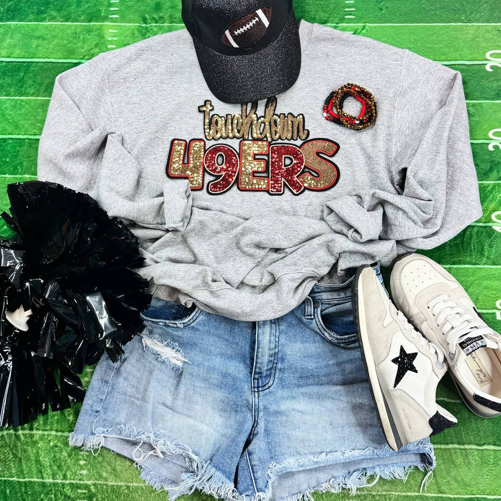 Touchdown 49ers Sequin Patch Black Crewneck - Adult & Kids T-Shirts, Sweatshirts & Hoodies apparel design preview 1