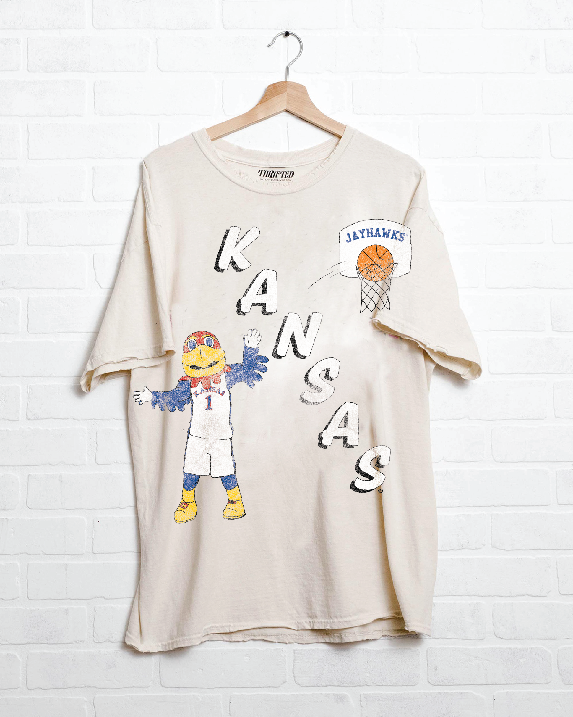 Ku Jayhawks Retro Basketball Off White Thrifted - Adult & Kids T-Shirts, Sweatshirts & Hoodies apparel design preview 1
