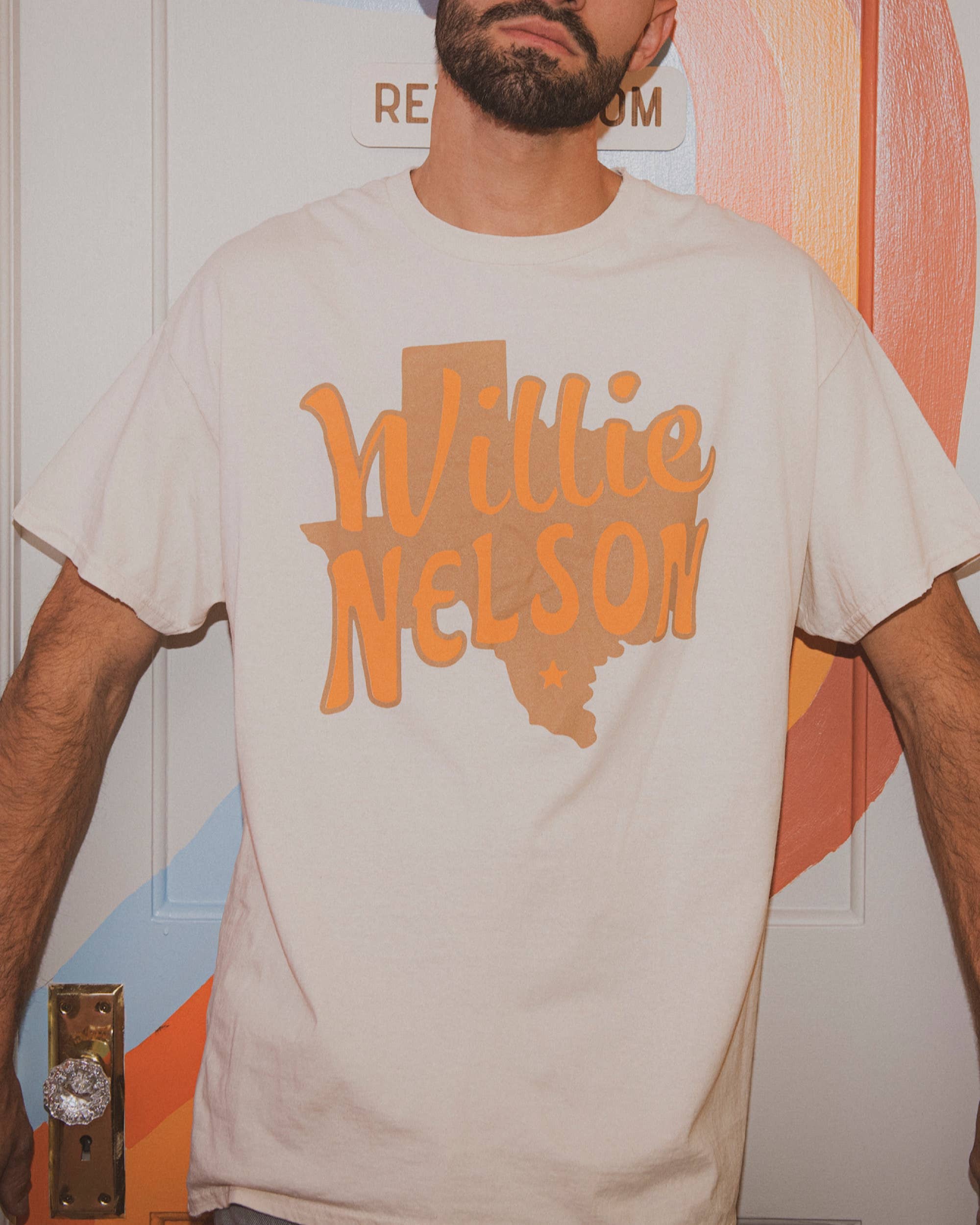 Willie Nelson Orange Texas Off White Thrifted Graphic - Adult & Kids T-Shirts, Sweatshirts & Hoodies apparel design preview 1