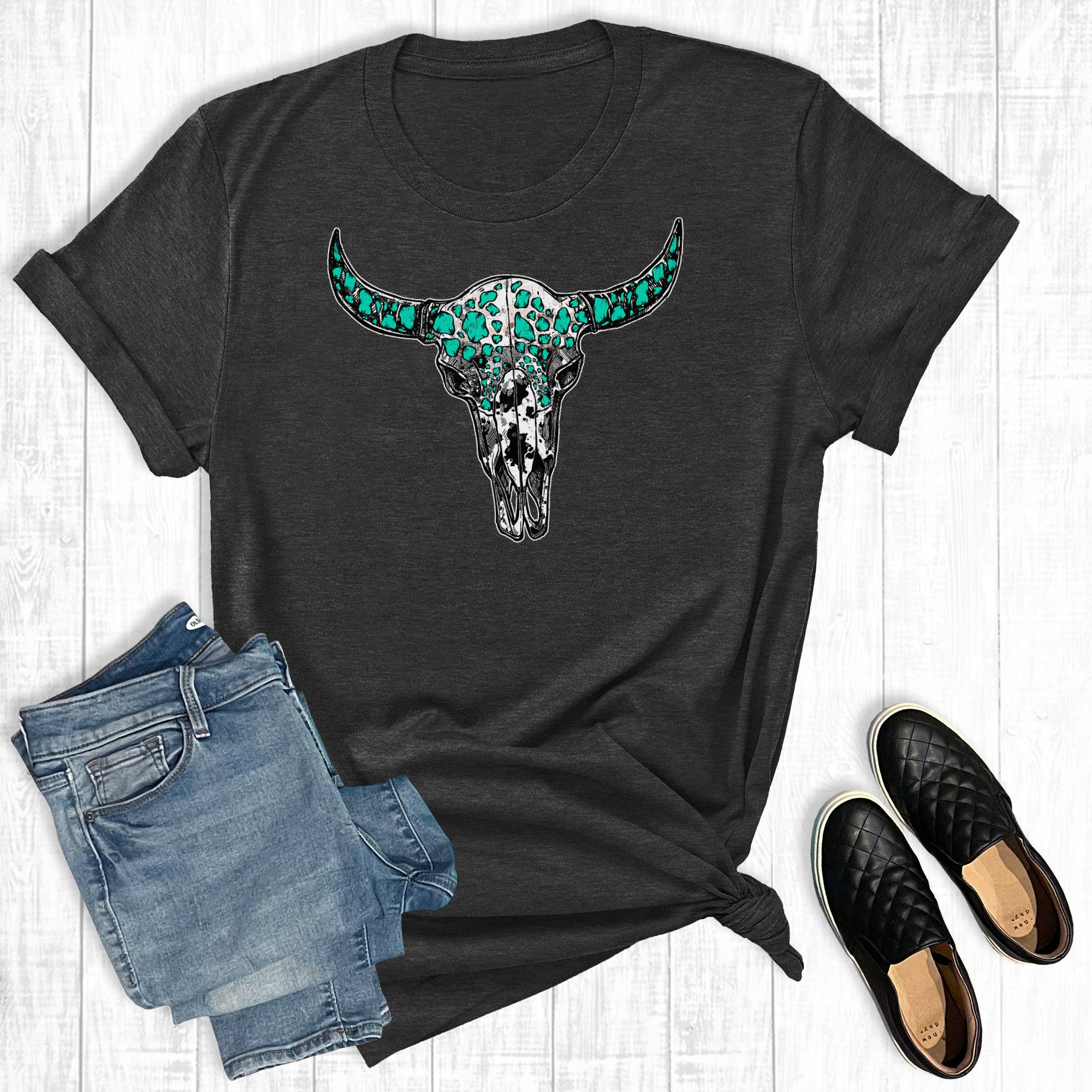 Western Turquoise Cowprint Skull Graphic - Adult & Kids T-Shirts, Sweatshirts & Hoodies apparel design preview 1