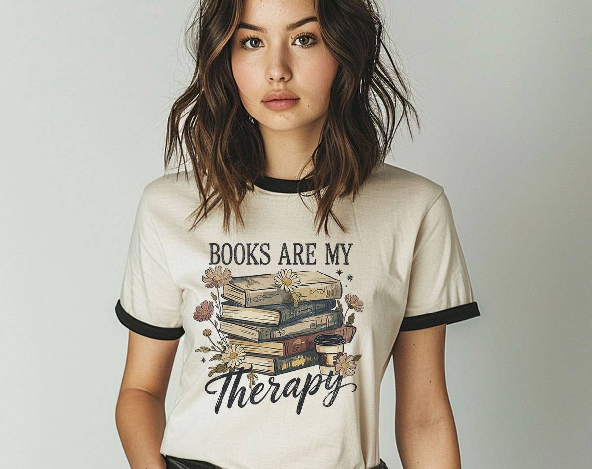 Books Are My Therapy Cute Book Canvas Ringer - Adult & Kids T-Shirts, Sweatshirts & Hoodies apparel design preview 1