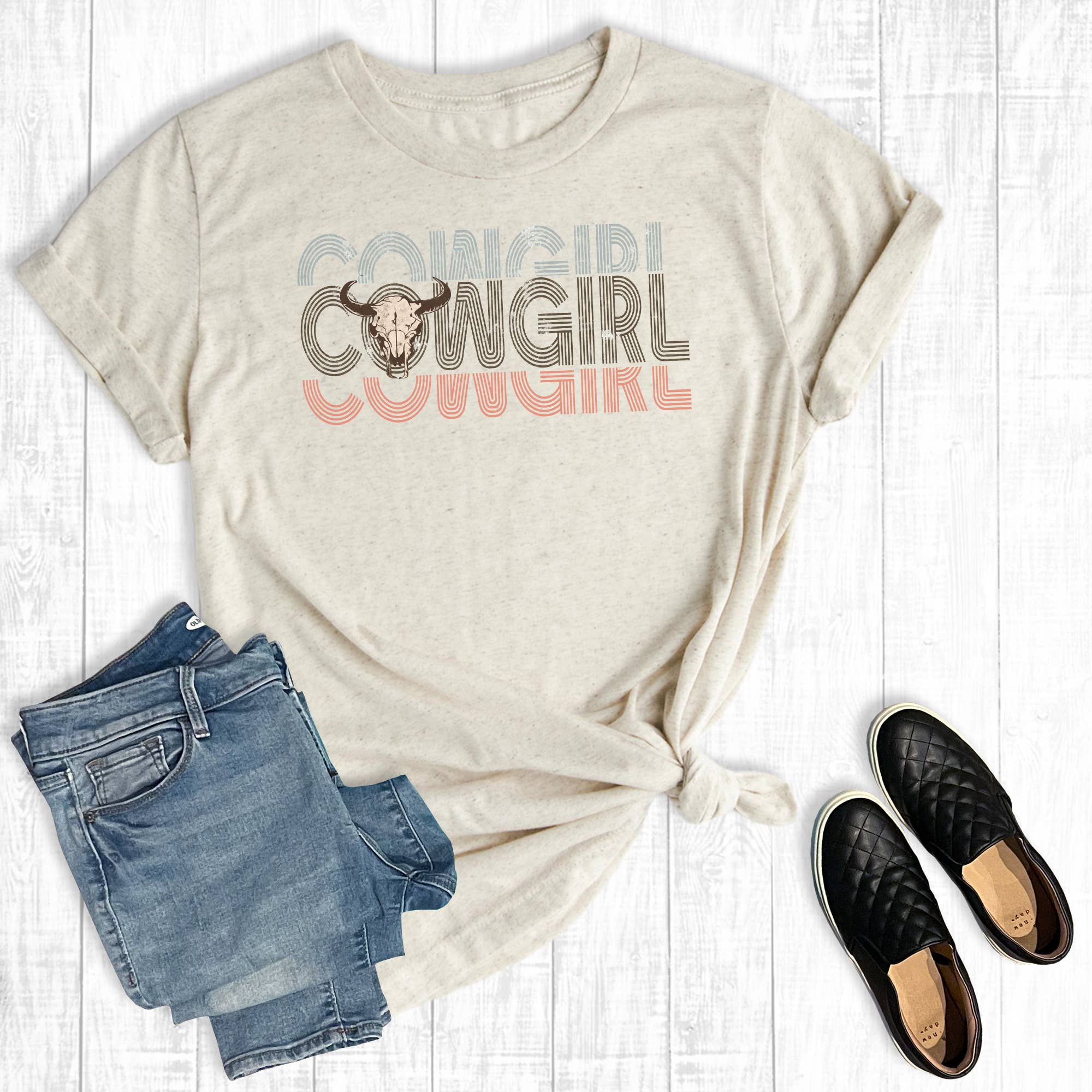 Western Retro Cowskull Cowgirl Graphic - Adult & Kids T-Shirts, Sweatshirts & Hoodies apparel design preview 1