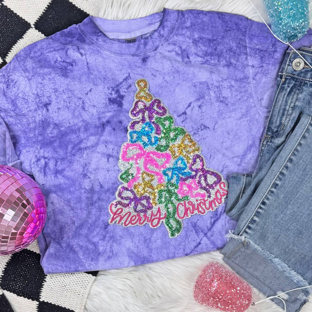 Merry Christmas Bow Tree Sequin - Adult & Kids T-Shirts, Sweatshirts & Hoodies apparel design preview 1