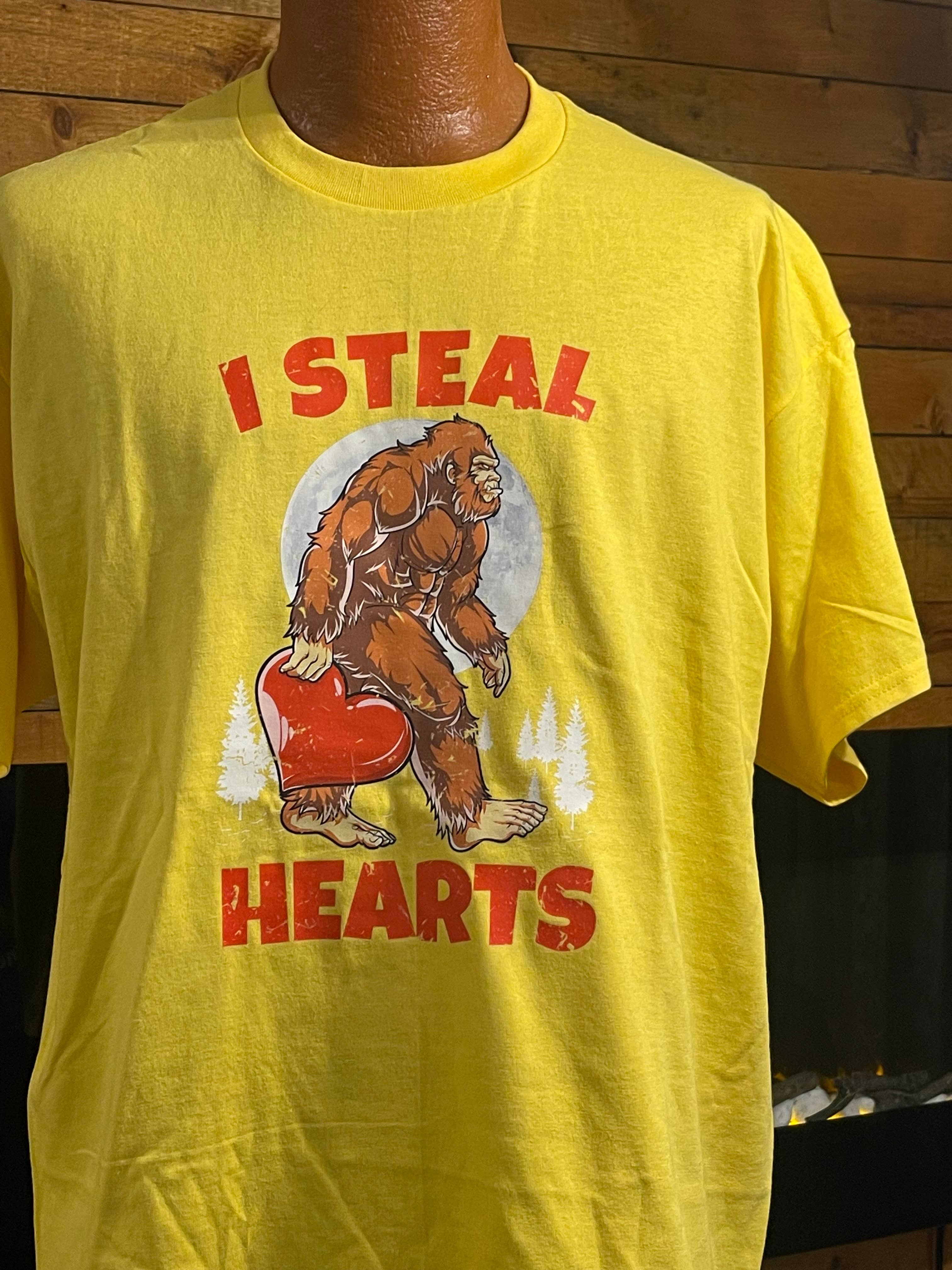 I Steal Hearts Bigfoot Valentines Day (Yellow) - Adult & Kids T-Shirts, Sweatshirts & Hoodies apparel design preview 1