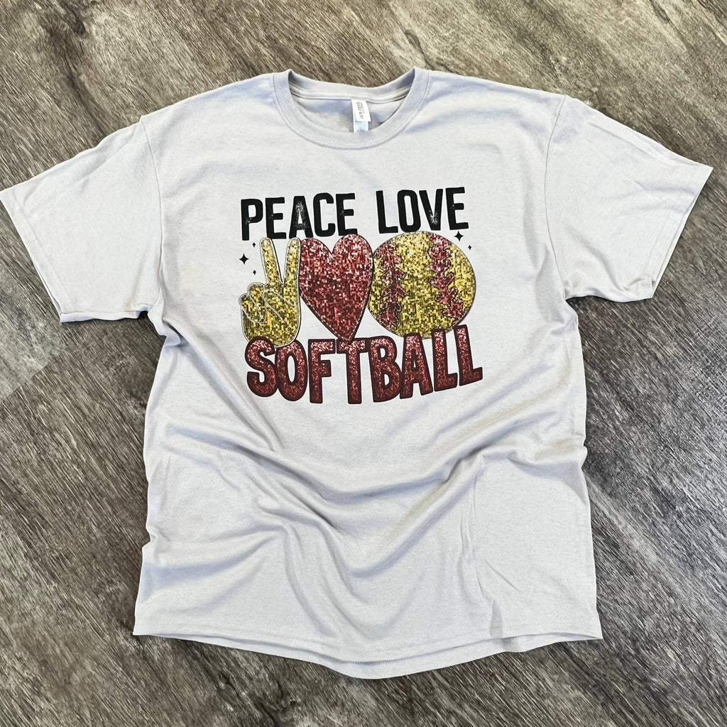 Peace Love Softball On Silver - Adult & Kids T-Shirts, Sweatshirts & Hoodies apparel design preview 1