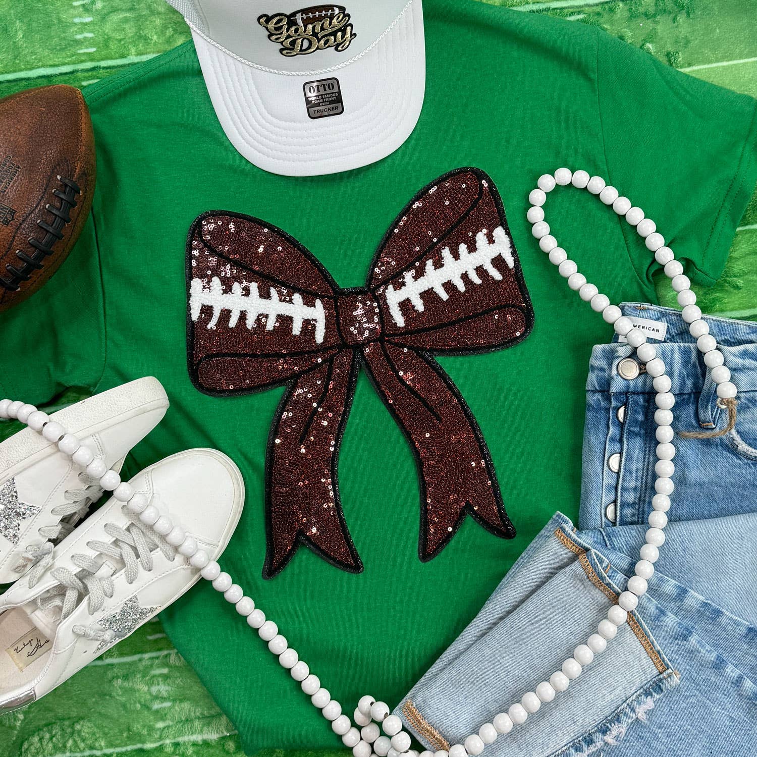 Sequins Football Bow Patch Turf Green Everyday - Adult & Kids T-Shirts, Sweatshirts & Hoodies apparel design preview 1