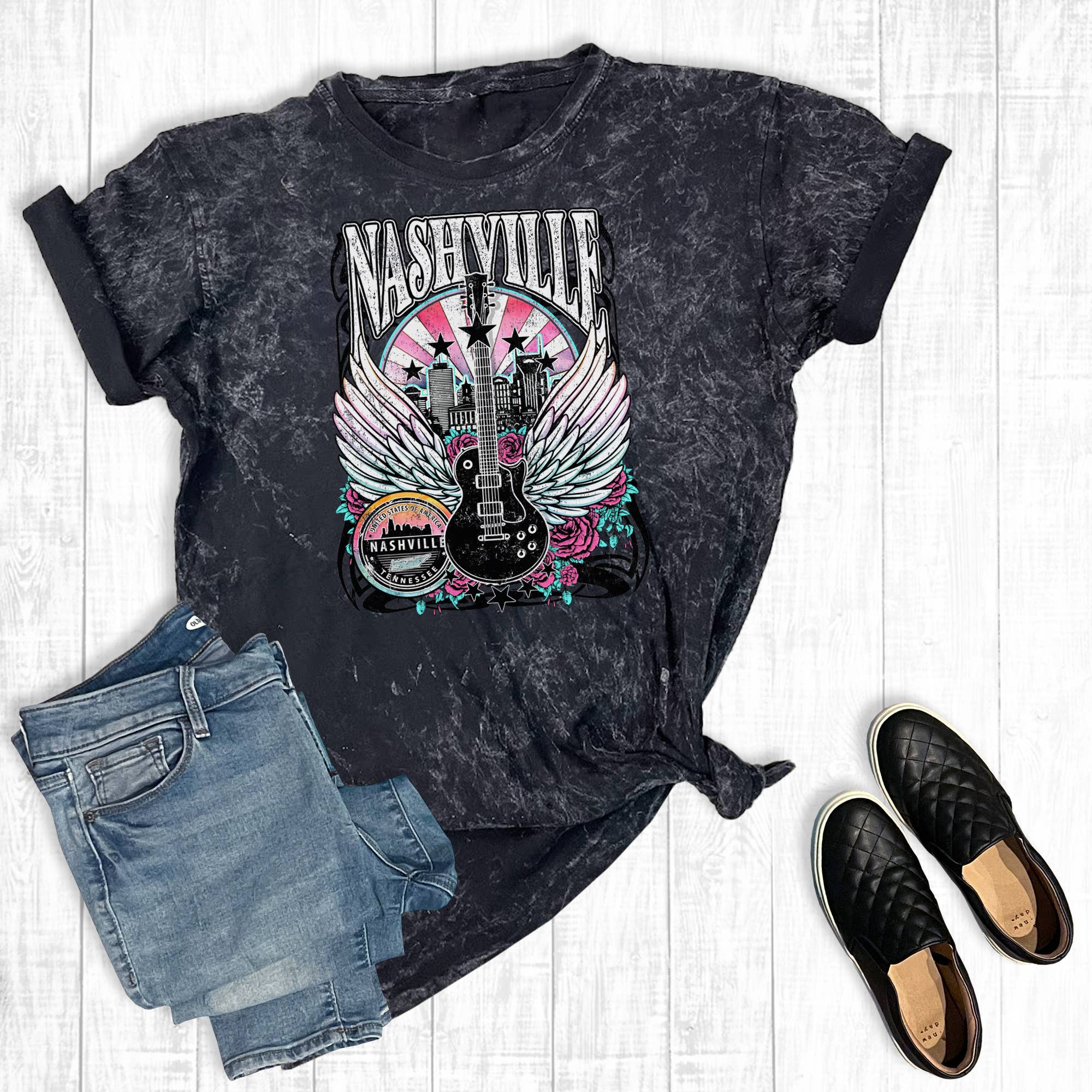 Western Nashville Music City Guitar Mineral Wash - Adult & Kids T-Shirts, Sweatshirts & Hoodies apparel design preview 1