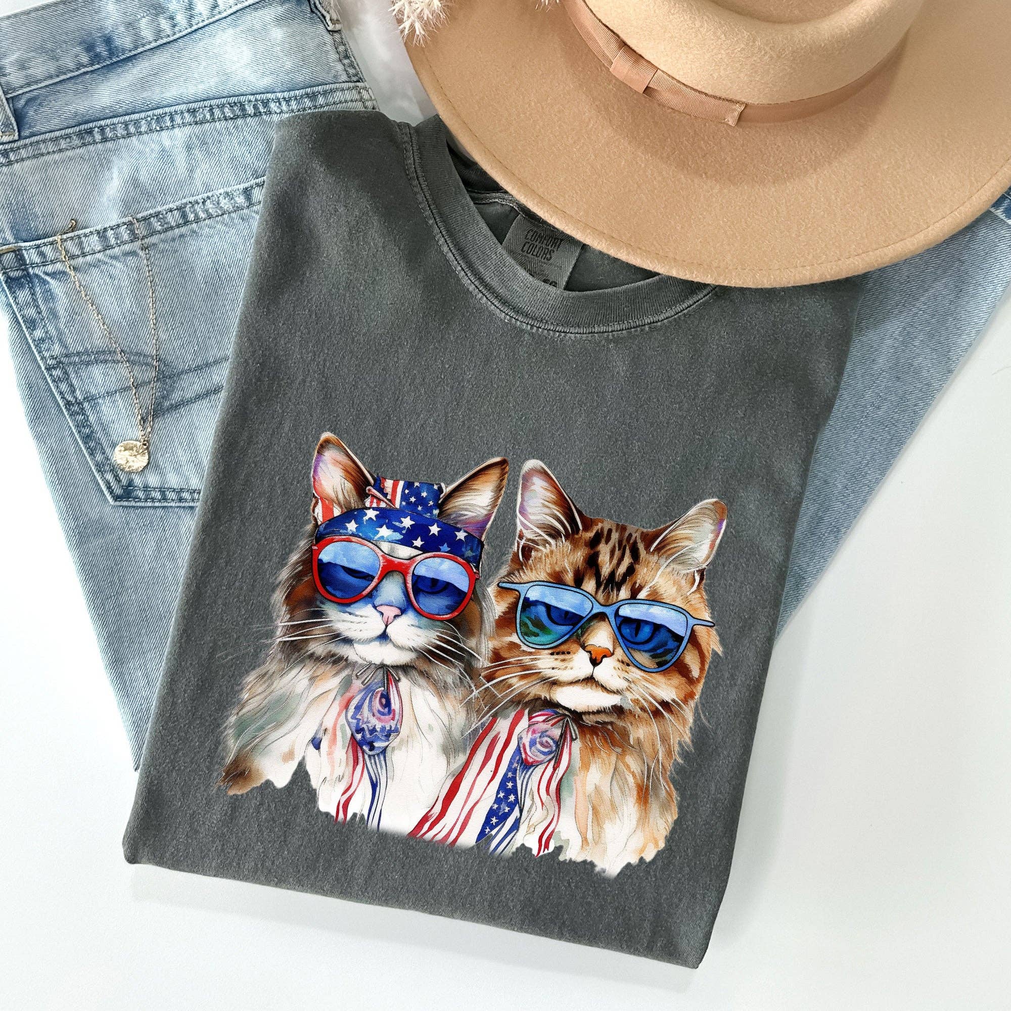 Patriotic Cats, Hippie, Funny, 4th of July - Adult & Kids T-Shirts, Sweatshirts & Hoodies apparel design preview 1