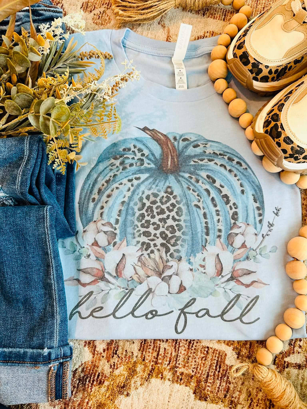 Leopard Hello Fall Pumpkin Blue Seasonal Graphic - Adult & Kids T-Shirts, Sweatshirts & Hoodies apparel design preview 1