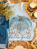 Leopard Hello Fall Pumpkin Blue Seasonal Graphic - Adult & Kids T-Shirts, Sweatshirts & Hoodies apparel design preview 1