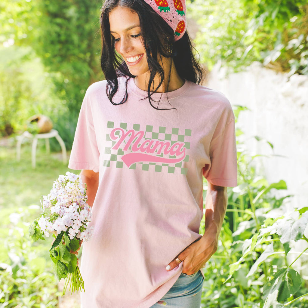 Checkered Mama Pink and Green Retro Comfort Colors - Adult & Kids T-Shirts, Sweatshirts & Hoodies apparel design preview 1