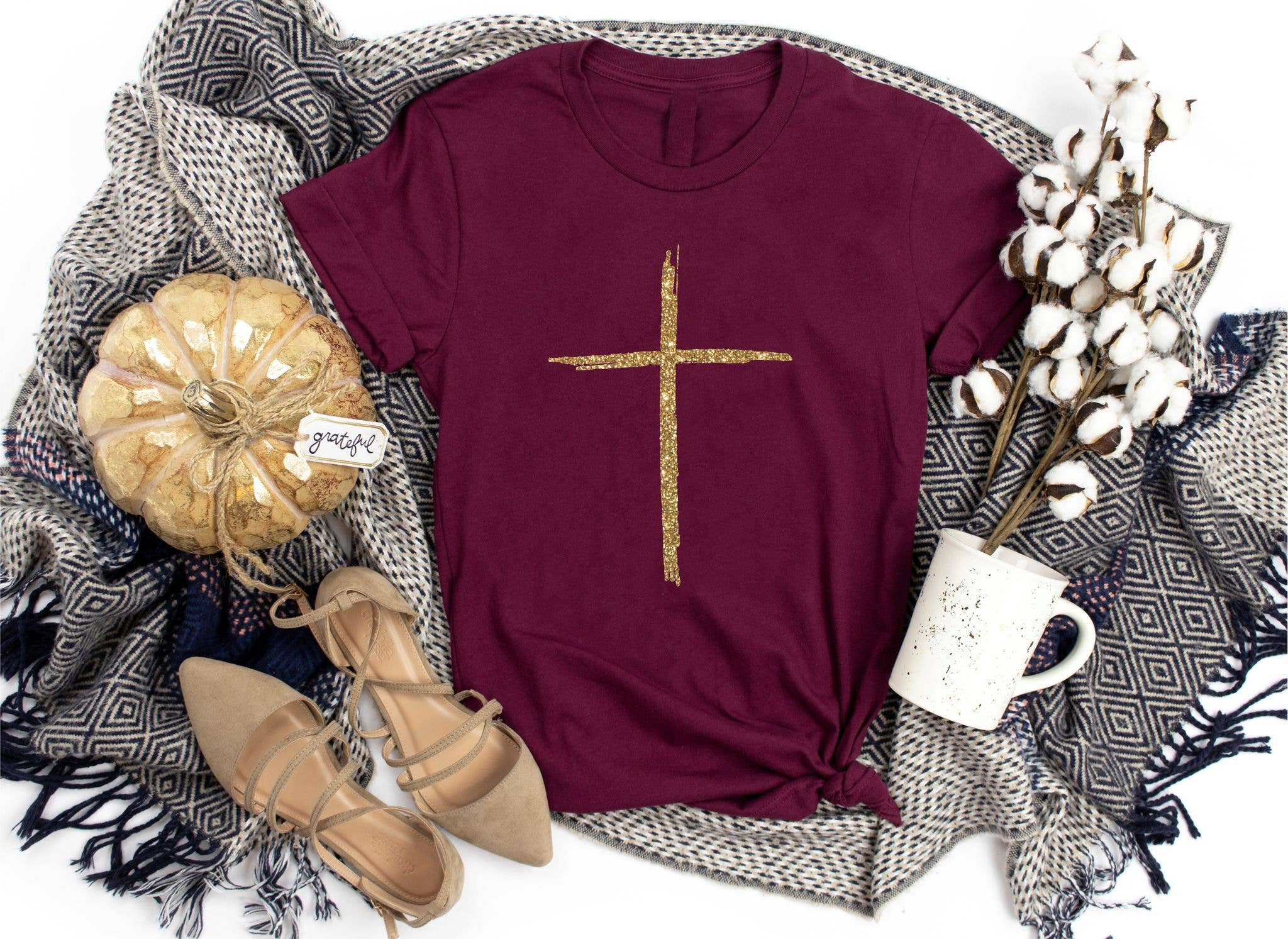 Maroon Gold Cross Faith Based Fall Graphic - Adult & Kids T-Shirts, Sweatshirts & Hoodies apparel design preview 1