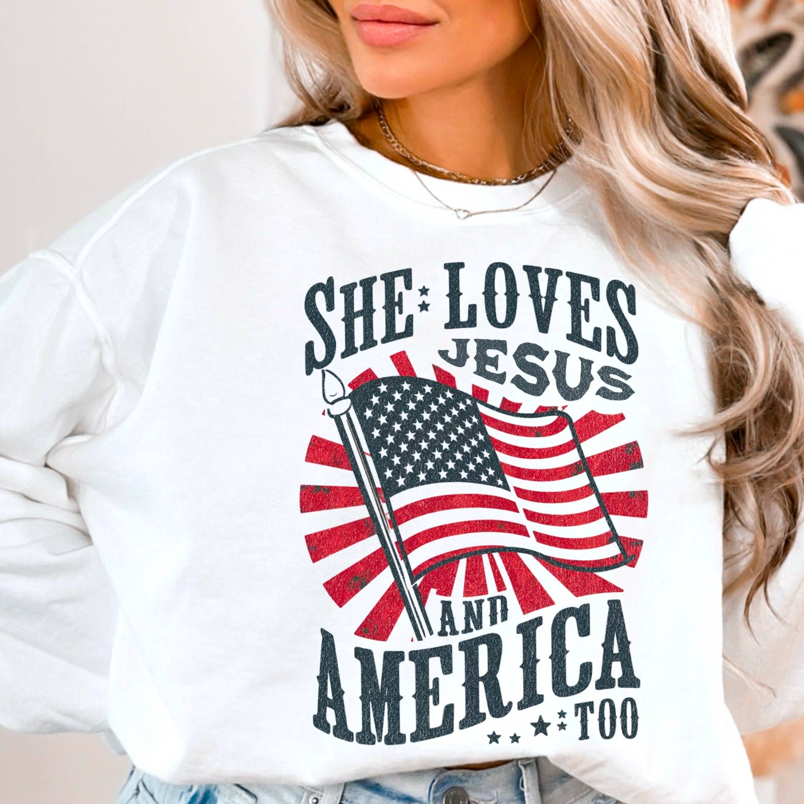 She Loves Jesus and America July 4th Patriotic - Adult & Kids T-Shirts, Sweatshirts & Hoodies apparel design preview 1