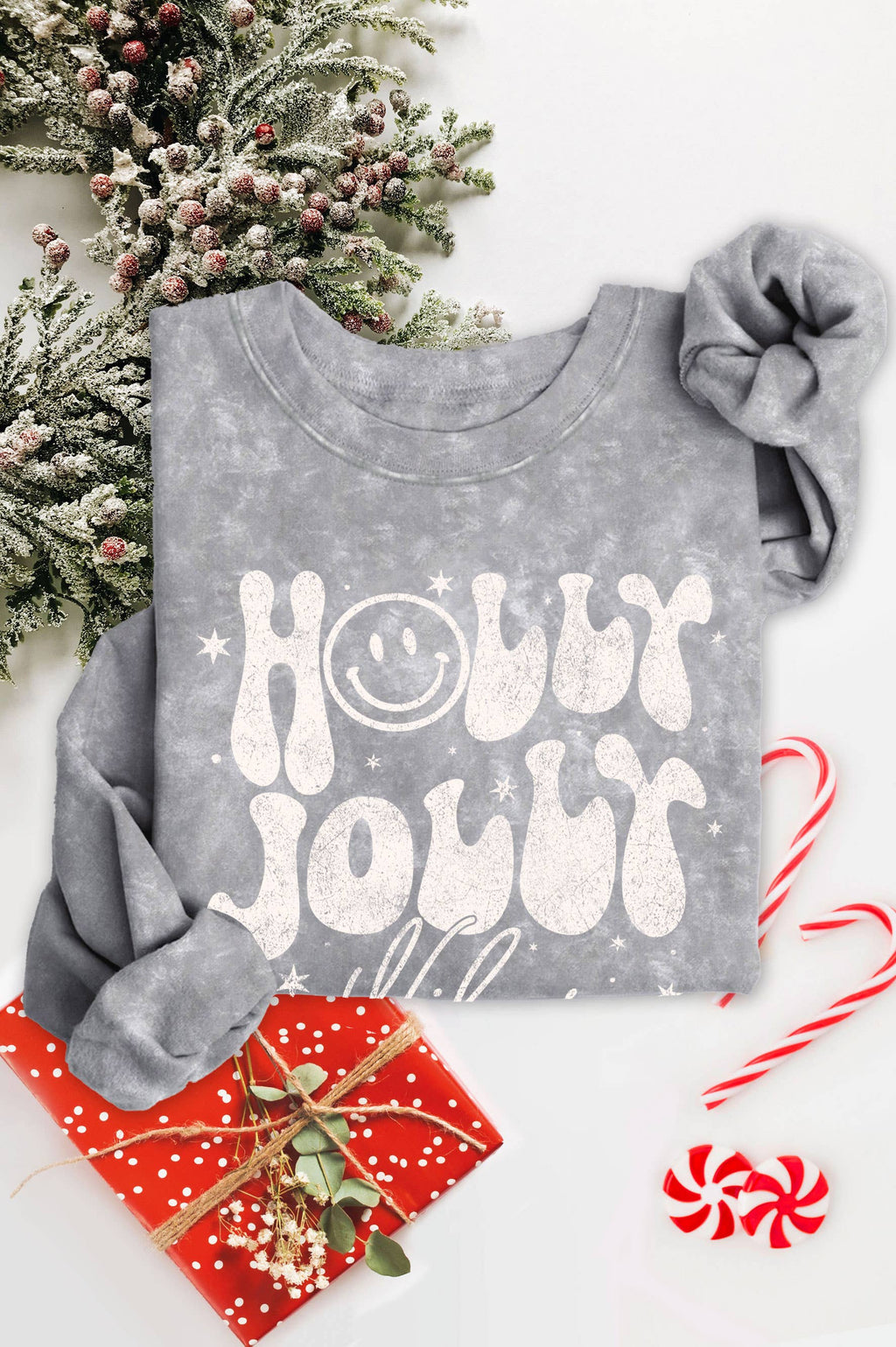 Holly Jolly Vibes Smile Mineral Graphic Brushed - Adult & Kids T-Shirts, Sweatshirts & Hoodies apparel design preview 1