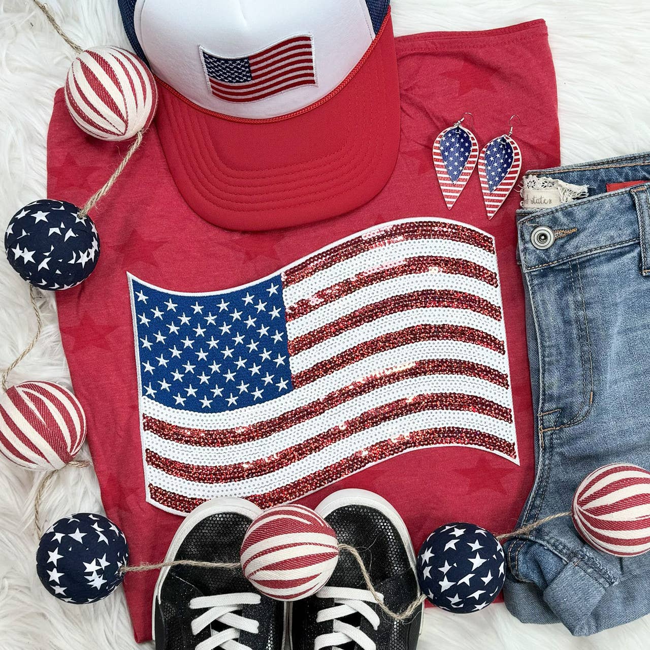 American Flag Sequin Patch Red Star - Adult & Kids T-Shirts, Sweatshirts & Hoodies apparel design preview 1