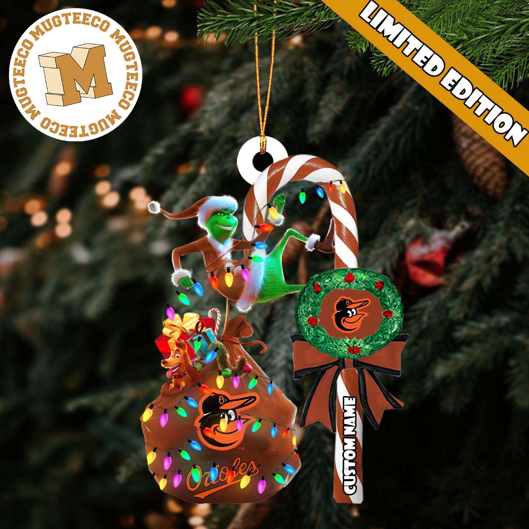 Baltimore Orioles MLB Grinch Candy Cane Personalized - Adult & Kids T-Shirts, Sweatshirts & Hoodies apparel design preview 1