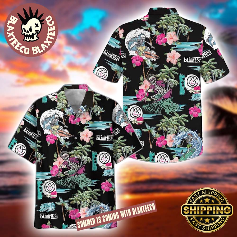 Blink 182 Skeleton Surfing Black 2026 Tropical - Adult & Kids T-Shirts, Sweatshirts & Hoodies apparel design preview 1