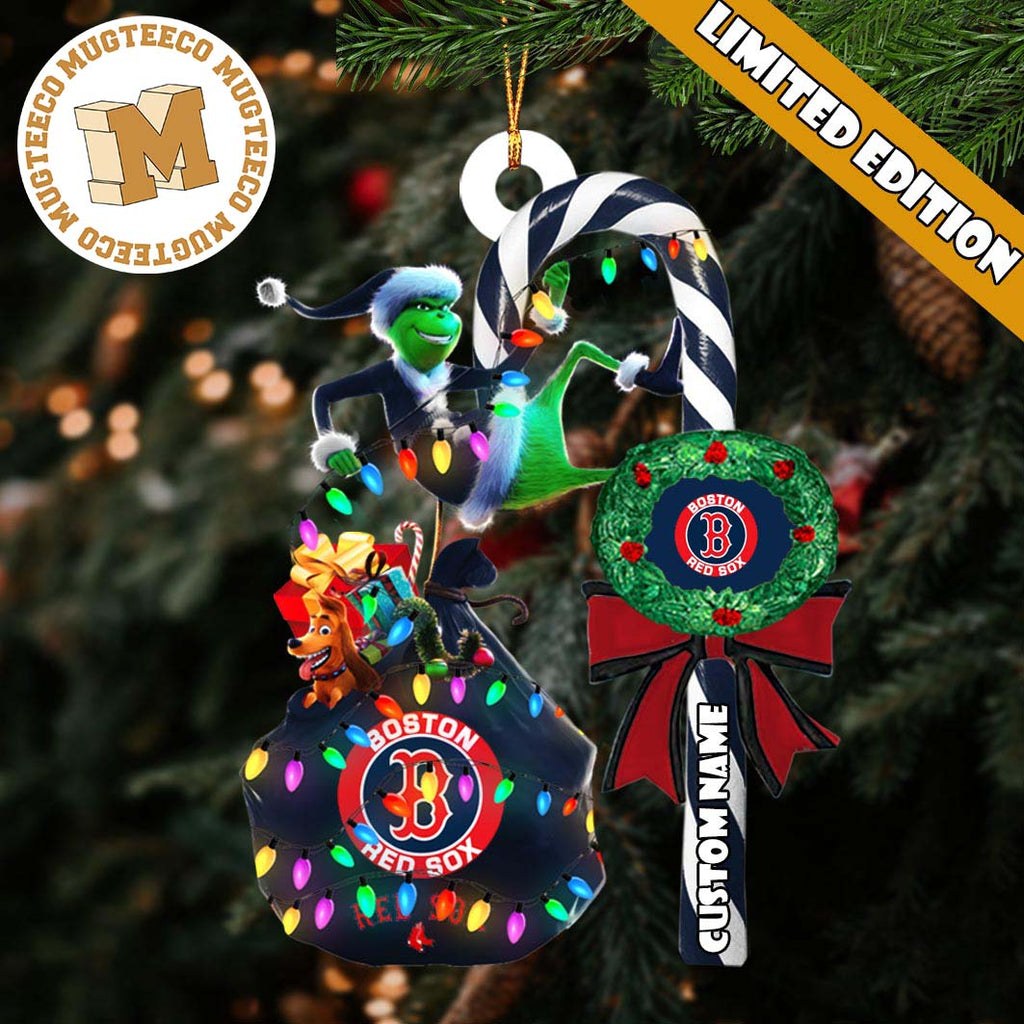 Boston Red Sox MLB Grinch Candy Cane Personalized - Adult & Kids T-Shirts, Sweatshirts & Hoodies apparel design preview 1
