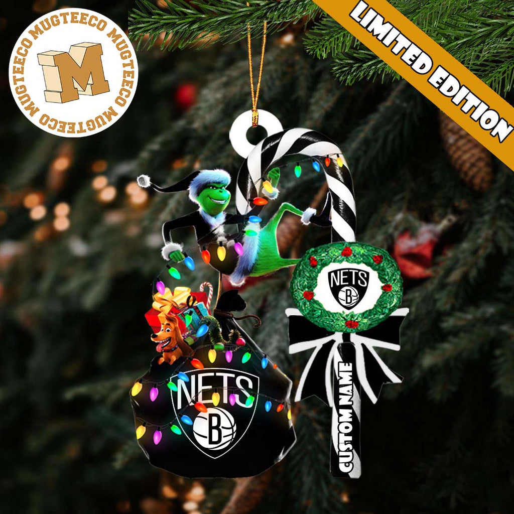 Brooklyn Nets NBA Grinch Candy Cane Personalized Xmas - Adult & Kids T-Shirts, Sweatshirts & Hoodies apparel design preview 1