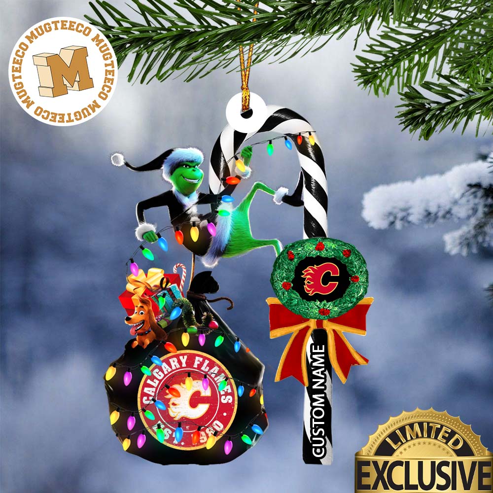Calgary Flames NHL Grinch Candy Cane Personalized - Adult & Kids T-Shirts, Sweatshirts & Hoodies apparel design preview 1