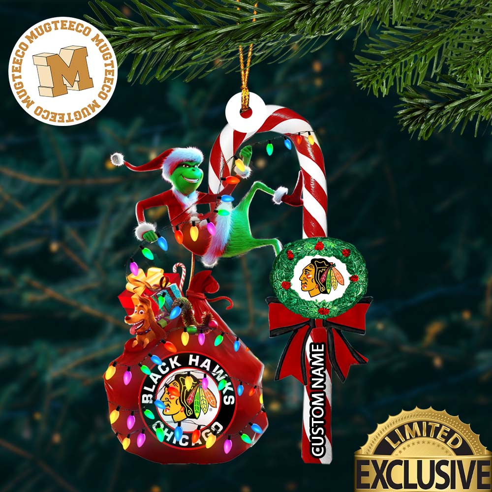 Chicago Blackhawks NHL Grinch Candy Cane Personalized - Adult & Kids T-Shirts, Sweatshirts & Hoodies apparel design preview 1