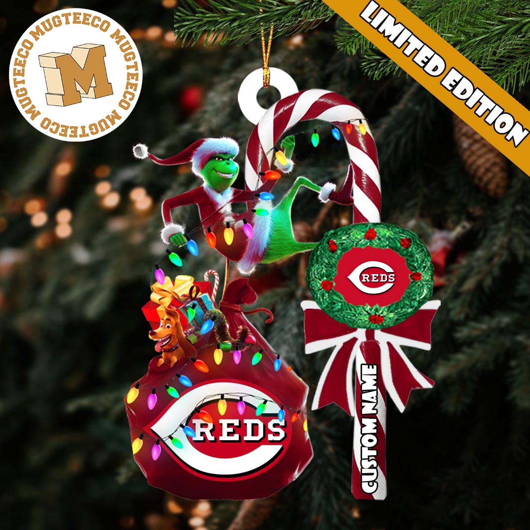 Cincinnati Reds MLB Grinch Candy Cane Personalized - Adult & Kids T-Shirts, Sweatshirts & Hoodies apparel design preview 1
