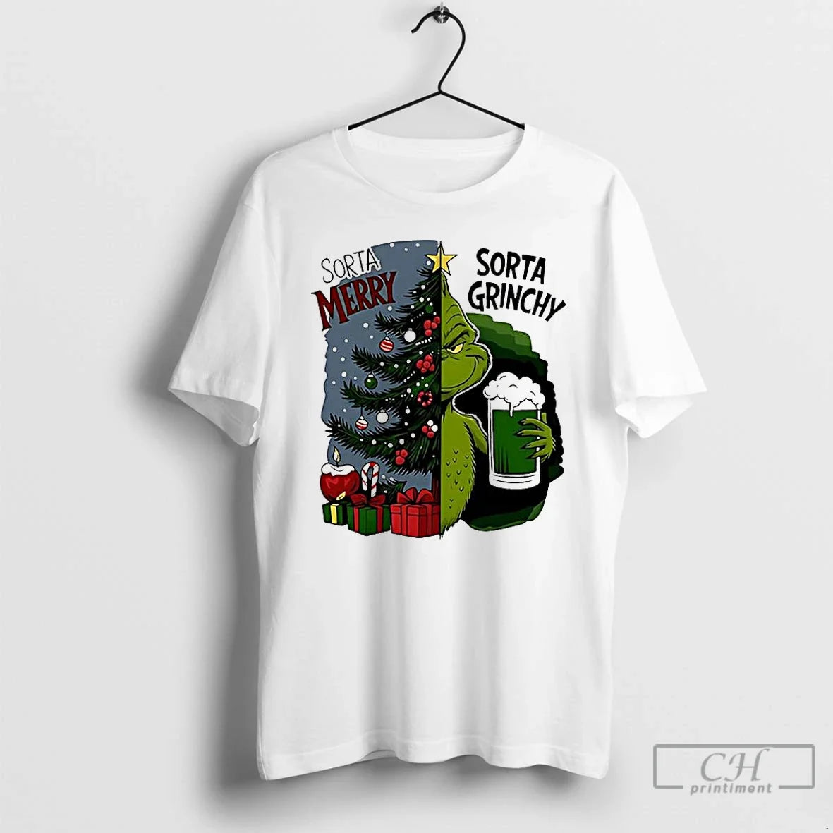 Classic Grinch Half Tree Sorta Merry Grinchy - Adult & Kids T-Shirts, Sweatshirts & Hoodies apparel design preview 1