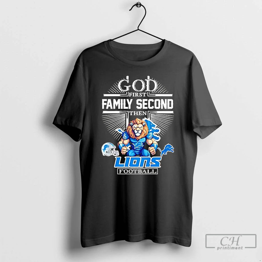 Classic Mascot Of Detroit Lions God First Family - Adult & Kids T-Shirts, Sweatshirts & Hoodies apparel design preview 1