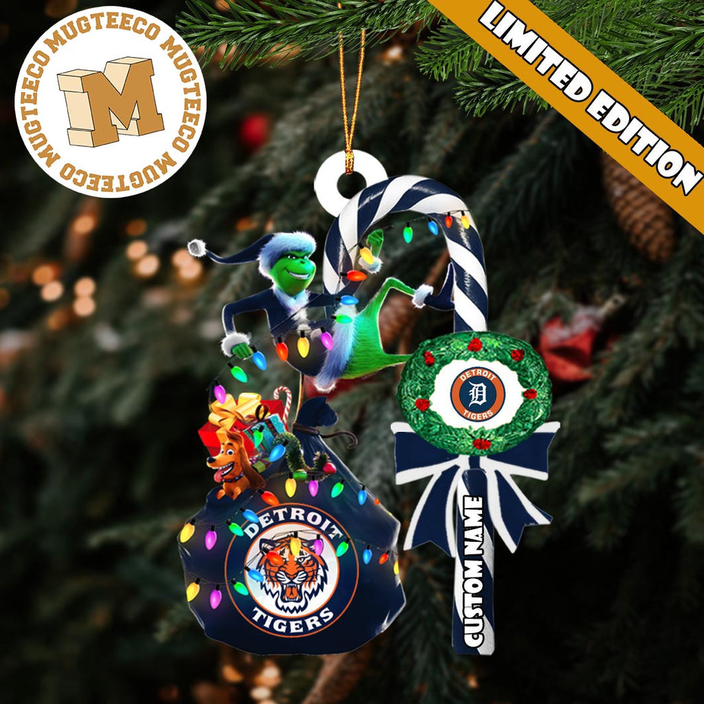 Detroit Tigers MLB Grinch Candy Cane Personalized - Adult & Kids T-Shirts, Sweatshirts & Hoodies apparel design preview 1