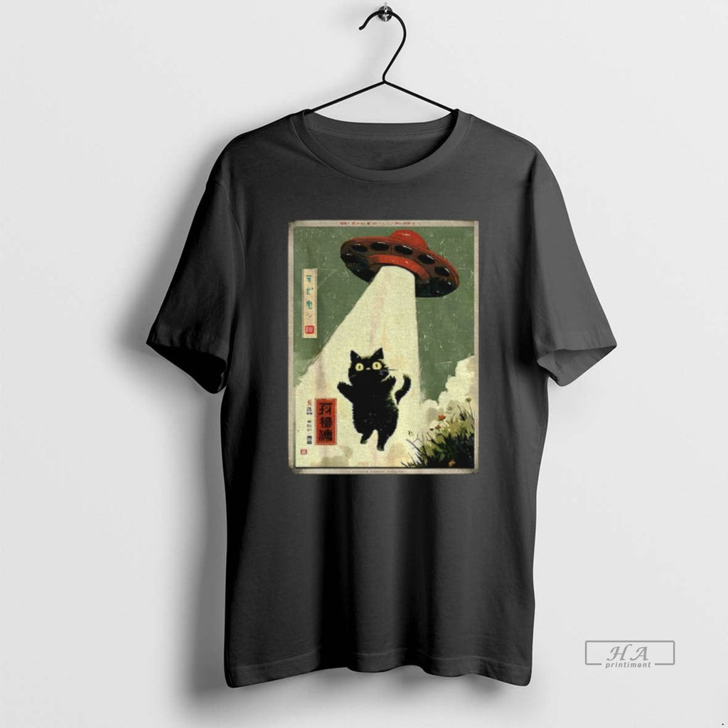 Official Black Cat Ufo Abduction Japanese Alien - Adult & Kids T-Shirts, Sweatshirts & Hoodies apparel design preview 1