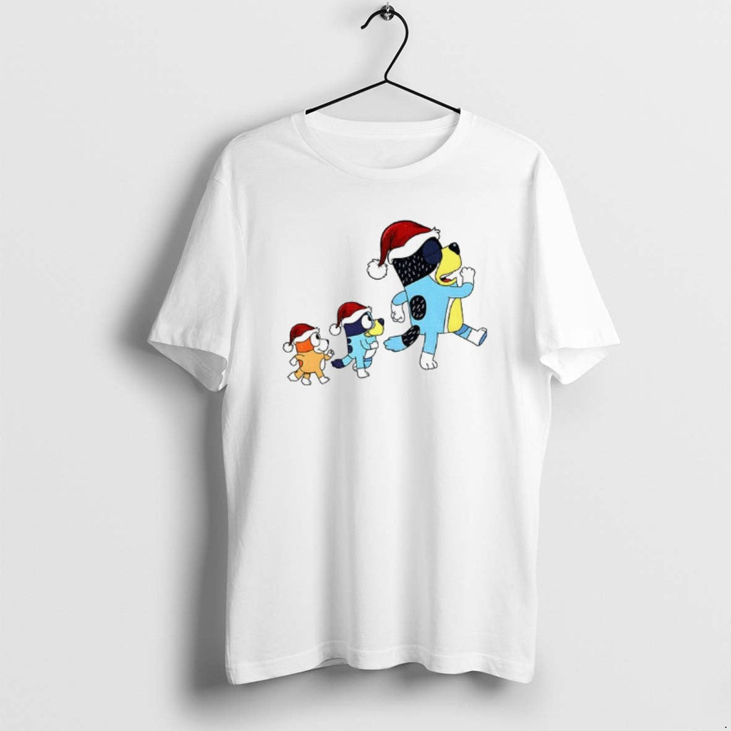 Official Bluey Bingo And Bandit Santa Hat Walk Merry - Adult & Kids T-Shirts, Sweatshirts & Hoodies apparel design preview 1