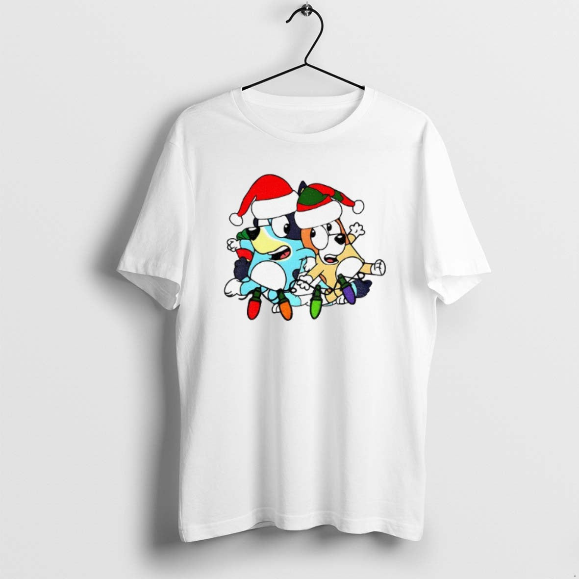 Official Bluey And Bingo Santa Hat Christmas Lights - Adult & Kids T-Shirts, Sweatshirts & Hoodies apparel design preview 1