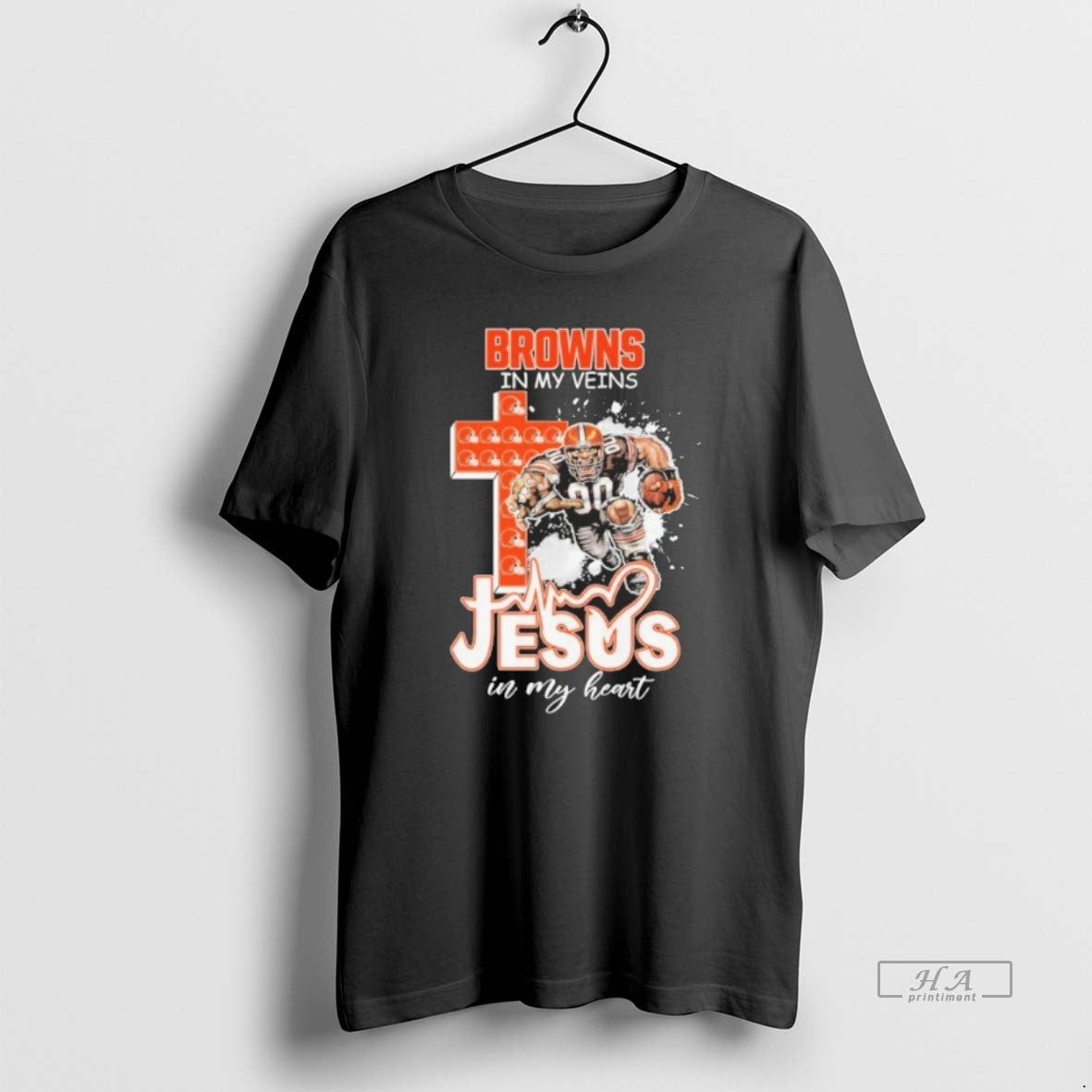 Official Browns In My Veins Jesus Mascot Heart - Adult & Kids T-Shirts, Sweatshirts & Hoodies apparel design preview 1