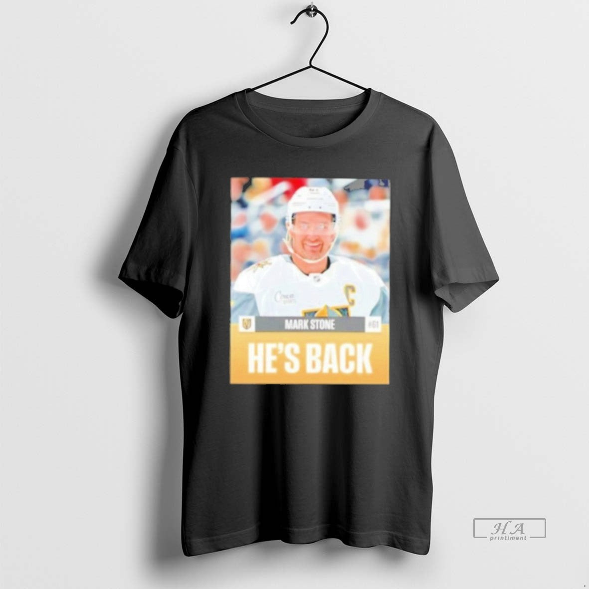 Official Mark Stone Hes Back Vegas Golden Knights - Adult & Kids T-Shirts, Sweatshirts & Hoodies apparel design preview 1