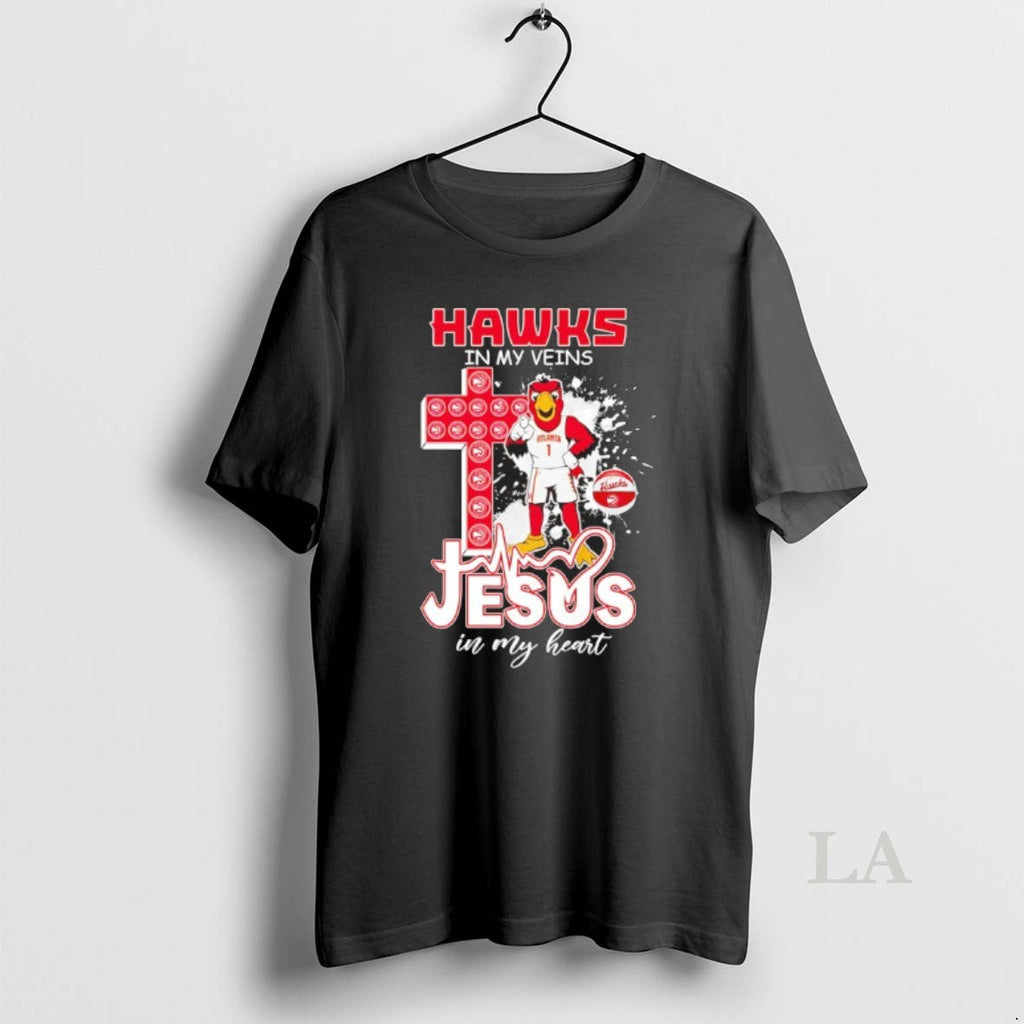 Original Atlanta Hawks In My Veins Jesus Heart Mascot - Adult & Kids T-Shirts, Sweatshirts & Hoodies apparel design preview 1