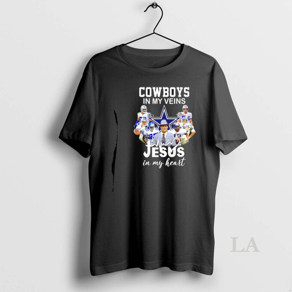 Original Cowboys In My Veins Jesus Heart Player - Adult & Kids T-Shirts, Sweatshirts & Hoodies apparel design preview 1