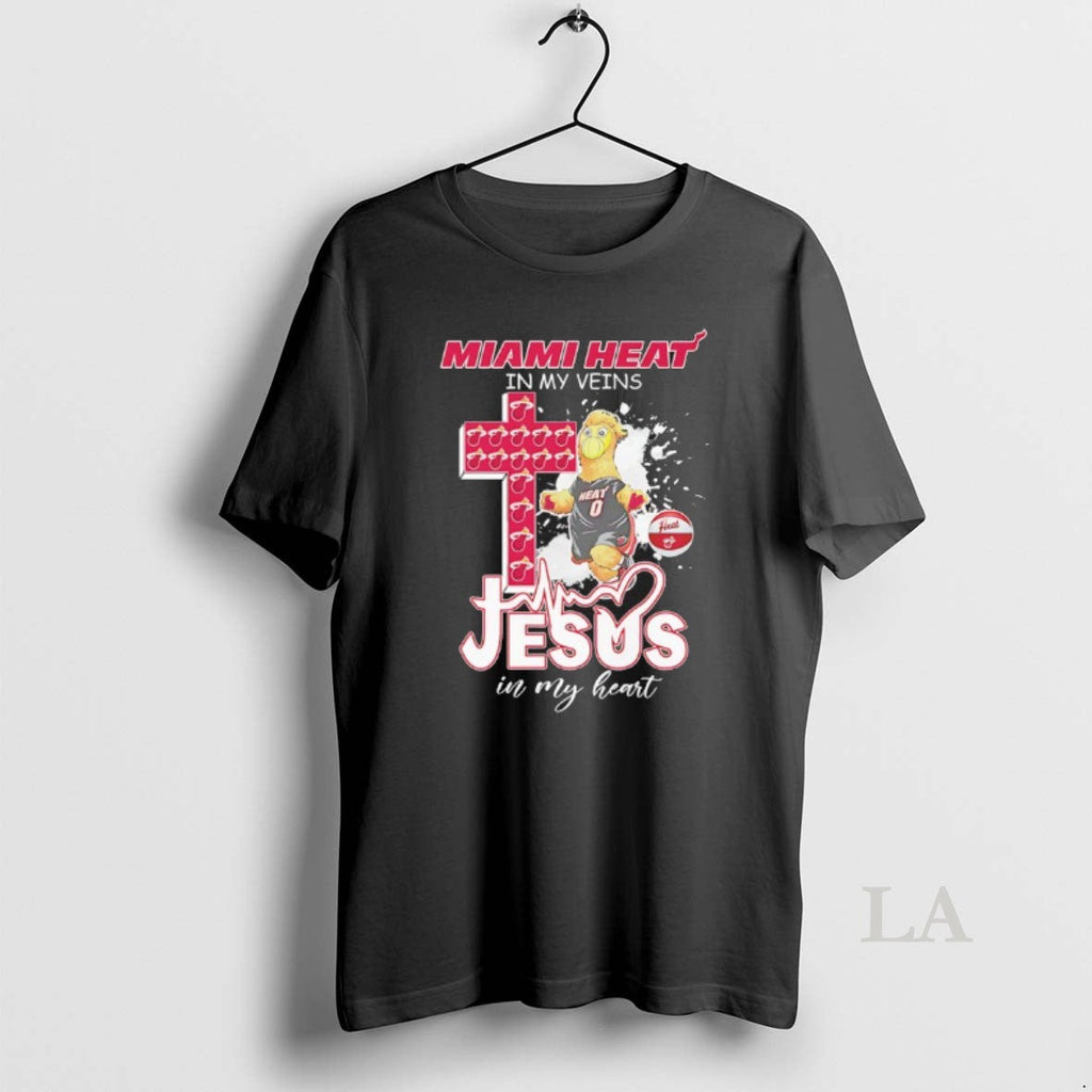 Original Miami Heat In My Veins Jesus Heart Mascot - Adult & Kids T-Shirts, Sweatshirts & Hoodies apparel design preview 1