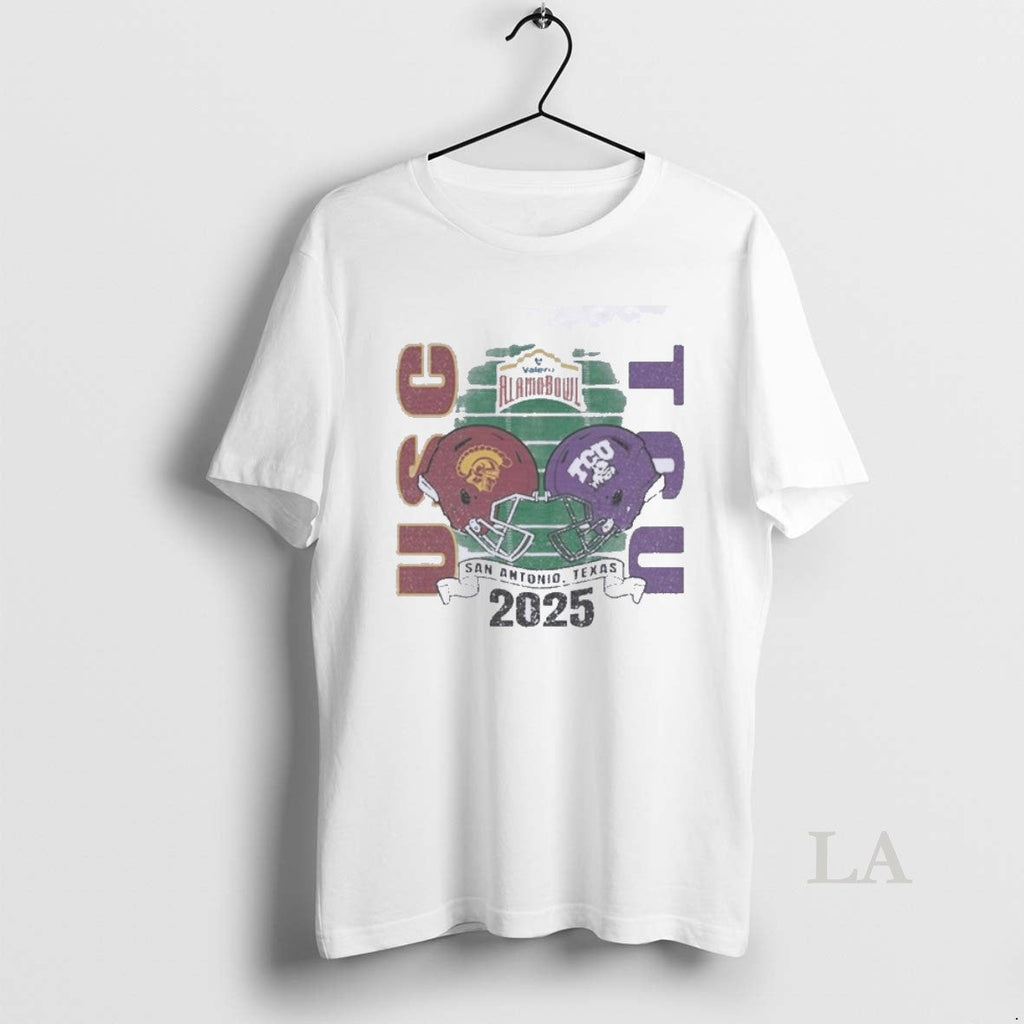 Original Tcu Horned Frogs Vs Usc Trojans 2025 Alamo - Adult & Kids T-Shirts, Sweatshirts & Hoodies apparel design preview 1