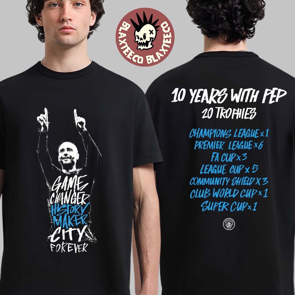 Pep Guardiola Manchester City Tribute 10 Years with - Adult & Kids T-Shirts, Sweatshirts & Hoodies apparel design preview 1