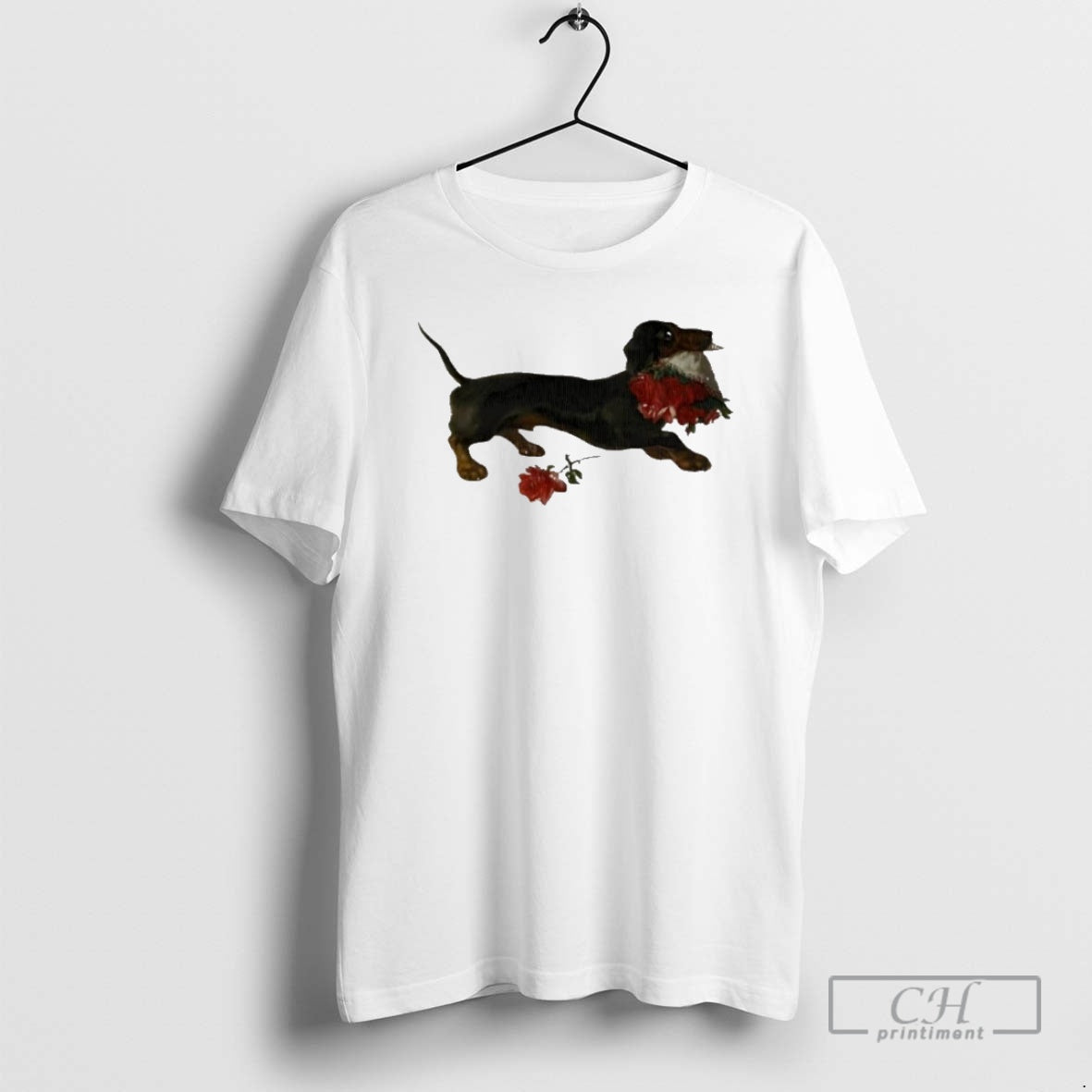 Premium Top Dachshund Running With A Bouquet Of Red - Adult & Kids T-Shirts, Sweatshirts & Hoodies apparel design preview 1